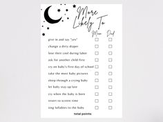 a baby shower checklist with stars and the moon on it, next to a toothbrush