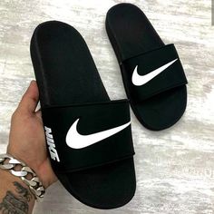 Black Sporty Slides For Sports, Breathable Black Slides For Streetwear, Kasut Pengantin, Nike Slippers, Pretty Sandals, Black Nike Shoes, Nike Slides