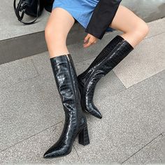 dwarves1397-1 Boots Black 5.5 Brown Leather Knee High Boots, Oxford Boots, Boots Patterns, Crocodile Pattern, Western Cowboy Boots, Flat Boots, Boots For Women, Tall Boots, Black Ankle Boots