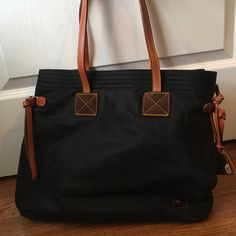 Black Shell, Hot Pink Inside. Excellent Condition! Never Used. Alpha Phi Tote Bag, Black Shoulder Bag With Leather Trim, Black Shoulder Bag With Leather Trim For Daily Use, Black Shoulder Bag With Leather Trim For Errands, Kate Spade Dress, Dooney Bourke Handbags, Dooney & Bourke Bags, Nylon Tote, Leather Weaving