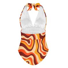 • Retro Swimsuit: Groovy 70s-inspired swimsuit with a vibrant abstract orange and brown stripe pattern. • Orange Stripe Halter Swimsuit: Features a deep V-neckline and a halter style top with an exposed back. • Vintage Style Swimsuit: Made from polyester and spandex for a comfortable and flattering fit. • Tummy Control: Ruched waistline enhances your shape and provides support. • Unique Swimsuit Find: Perfect for bringing back the disco era with a fun and distinctive design. Unique Swimsuit, Vintage Style Swimsuit, Swimsuit Orange, 1940s Fashion Dresses, Vintage Inspired Shoes, Unique Swimsuits, Vintage Style Hat, Groovy 70s, Men's Vintage Style