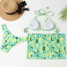 Tavimart Sexy Bikini 2023 Three Pieces Floral Print Swimsuit With Beach Skirt New Swimwear Women Bikini Brazilian Bathing Suit Beachwear Tropical Backless Swimwear For The Pool, Tropical Green Swim Skirt For Beach, Green Swim Skirt For Beach Party, Tropical Backless Swimwear For Beach Party, Backless Tankini For Pool Vacation, Vacation Backless Tankini For Pool, Green Swimwear For Surfing, Beachy Swim Dress For Pool, Vacation Swim Dress For Sunbathing