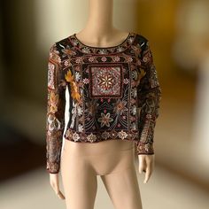 Bnwt Gorgeous Beaded And Thread Embroidered Zara Blouse Sz. L Back Is Sheer And Front Is Lined Elegant Long Sleeve Tops With Geometric Embroidery, Fitted Tops With Intricate Embroidery For Evening, Festive Black Tops With Intricate Embroidery, Festive Embroidered Evening Tops, Intricate Embroidery Fitted Top For Evening, Embroidered Long Sleeve Blouse For Party, Bohemian Floral Embroidered Top For Party, Long Sleeve Embroidered Party Blouse, Party Long Sleeve Embroidered Floral Top