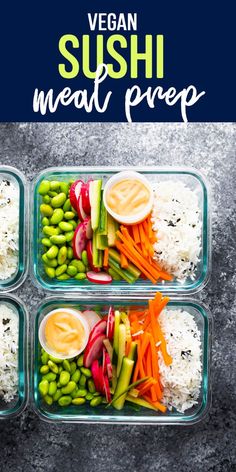 three glass containers filled with vegetables and rice