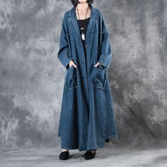 New Arrival Vertical Pockets Denim Trench Coat Womans Plus Size Duster Coat    #plussize #loose #denim #trenchcoat #fashion #cardigan #overcoat #woman #outerwear #amazing #dustercoat Baggy Denim Winter Outerwear, Winter Baggy Denim Outerwear, Casual Long Outerwear With Button Closure, Long Cotton Outerwear With Pockets, Baggy Denim Outerwear For Spring, Long Cotton Outerwear With Buttons, Vintage Long Cotton Outerwear, Casual Long Outerwear With Pockets, Vintage Long Outerwear With Pockets