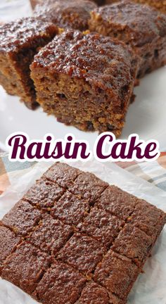 some brownies are on a plate with the words raisin cake