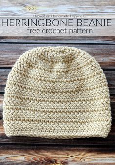 a crocheted beanie with the text, herringbone beanie free crochet pattern