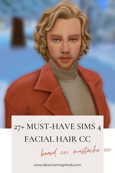 a man with blonde hair wearing a red jacket and white sign that says 75 must - have sims 4 facial hair cc