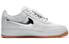 The Travis Scott x Air Force 1 'Travis Scott' is a must-have for any sneakerhead or fashion enthusiast. The shoe features a white canvas upper with reflective trim, Swoosh branding, and upside down Nike Air branding. The classic white midsole houses Air cushioning, while a gum rubber outsole provides traction. As part of the silhouette's 35th-anniversary celebrations, the shoe was released as part of the AF100 pack. Modern White Canvas Shoes For Streetwear, Urban Canvas Shoes With Gum Sole, Functional Canvas Sneakers For Streetwear, Sporty Canvas Shoes With White Sole For Streetwear, White Urban Sneakers For Streetwear, White Custom Sneakers With Boost Midsole, Summit White Sneakers For Streetwear, Modern White Skate Shoes For Streetwear, White Low-top Nike Canvas Shoes