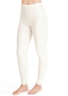 These Cuddl Duds leggings are made from SofTech fabric, allowing for comfort without the added bulk. Combining brushed cotton on the inside and silky smooth nylon on the outside, these leggings feature an original classic fit and fine lace trim at the ankle. | Cuddl Duds Women's Softwear Lace Edge Leggings, Ivory, Medium Cuddl Duds, White Leggings, Pajama Robe, Lace Edging, Brushed Cotton, Cotton On, Leggings Fashion, Lace Trim, Trim