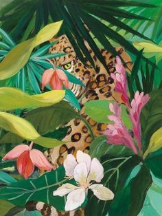 a painting of a leopard surrounded by tropical plants and flowers with pink, red, white and green leaves