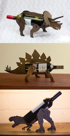 three different pictures of wine bottles in the shape of animals and an animal holding a bottle