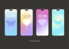 four smartphones with different screens showing the time and date for each phone, all in pastel colors