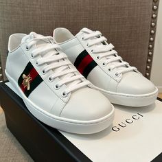 Brand New. Excellent Condition. No Signs Of Wear. Includes Box, Original Packaging And Dust Bag. Gucci Custom Lace-up Sneakers With Embroidered Logo, Luxury Leather Sneakers With Embroidered Logo, Designer Leather Custom Sneakers With Embroidered Logo, Luxury Leather Custom Sneakers With Embroidered Logo, Luxury Custom Sneakers With Embroidered Logo And Round Toe, Luxury Gucci Sneakers With Embroidered Logo, Gucci Designer Sneakers With Embroidered Logo, Designer Gucci Sneakers With Embroidered Logo, Gucci Shoes Women