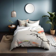 a bed in a room with blue walls and wooden flooring, along with a round mirror on the wall