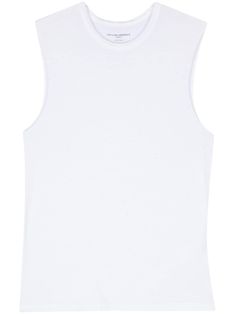 white jersey texture round neck sleeveless straight hem This item contains at least 50% materials which are certified or widely recognised as having a lower environmental impact through production and/or manufacturing processes that reduce water consumption and the use of harmful chemicals, or re-use by-products of the production process. Learn more about what makes a product Conscious on our Conscious Criteria page White Stretch Crew Neck Tank Top, White Cotton Tank Top For Layering, White Stretch Muscle Tee With Crew Neck, White Crew Neck Tank Top, White Crew Neck Vest Top, White Fitted Crew Neck Vest, Fitted White Crew Neck Vest, White Crew Neck Tank Top For Layering, Classic White Tank Top For Everyday