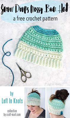 a crocheted hat with text that says, grow drops messy bun hat