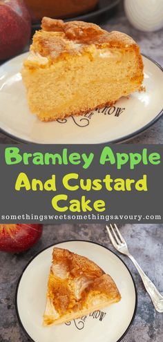 a slice of apple and custard cake on two plates with the title above it