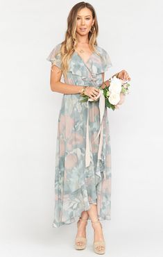 Jess Ruffle Midi Dress ~ Steel Blue Chiffon – Show Me Your Mumu Printed Bridesmaid Dresses, Mint Green Bridesmaid Dresses, Spring Bridesmaid Dresses, Pastel Bridesmaid Dresses, Mock Wrap Dress, Maternity Bridesmaid Dresses, Sage Green Bridesmaid Dress, Floral Bridesmaid Dresses, Sage Dress