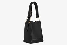 Strathberry - Lana Midi Bucket Bag - Leather Bucket Bag - Black | Strathberry Modern Bucket Bag For Office, Modern Office Bucket Bag, Versatile Bucket Bag For Office, Versatile Bucket Hobo Bag For Office, Elegant Bucket Bag With Leather Handles For Shopping, Versatile Bucket-shaped Shopping Bags, Modern Hobo Bucket Bag With Removable Pouch For Office, Versatile Bucket Shape Shopping Bags, Structured Bag With Gold-tone Hardware For Daily Use