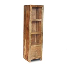 a tall wooden shelf with two shelves on each side and one drawer in the middle