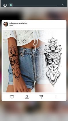 a woman's arm with tattoos on it, and an image of a butterfly