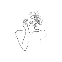 a line drawing of a woman with flowers in her hair holding her hand up to her face