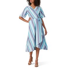 Blue striped linen (50% Cotton, 50% Rayon). Wrap. Short sleeves. V-neckline. Wrap tie closure. Partially lined. 42.5" from shoulder to front hemline, 49" from shoulder to back hemline. Imported. Linen Wrap Dress, Rent The Runway, Closet Designs, Striped Linen, Blue Print, Flutter Sleeve, Blue Dresses, Wrap Dress, Short Sleeves