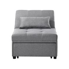 a gray couch with two pillows on it and a pillow in the middle, against a white background