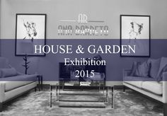 a living room with two couches and a table in front of the wall that says house & garden exhibition 2015