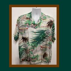 "Vintage 1950s rayon Hawaiian shirt by Pali (as is) Vintage 1950s rayon Hawaiian shirt with a loop collar, five button down front, two patch pockets and short sleeves. The rayon fabric has abstract images of the shoreline with palm trees and Hawaiian canoes in shades of greens, yellow, red, brown, white and gray. The label states Pali Hawaiian Style The shirt is in vintage condition. Please see pictures above showing torn patch pocket and hole in seam of armpit. Please see measurements for proper fit.  MEASUREMENTS: (All measurements were taken lying flat): Shoulders: 21\" (measured on the back of the shirt) 25\" (measured from arm pit to armpit) Sleeve- 9\" (measured from shoulder to cuff) Sleeve- 5\" (measured from armpit to cuff) Length- 31\" (measured from top of collar to the bottom h Casual Vacation Shirt With Retro Print, Casual Hawaiian Shirt With Retro Print And Camp Collar, Retro Patterned Shirt For Vacation, Retro Printed Shirt With Camp Collar, Retro Printed Relaxed Fit Camp Shirt, Retro Printed Camp Shirt With Relaxed Fit, Vintage Hawaiian Shirt For Beach With Relaxed Fit, Vintage Hawaiian Shirt For Beach In Relaxed Fit, Vintage Hawaiian Shirt For Beach, Relaxed Fit