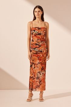 Rubi Open Back Ruched Midi Dress | Tangerine/ Multi | Dresses | Shona Joy     – Shona Joy International Bridesmaid Pants, Perfect White Tee, Multi Dress, Shona Joy, Mini Slip, Camilla And Marc, Ruched Midi Dress, Midi Length Skirts, Wedding Dress Shopping