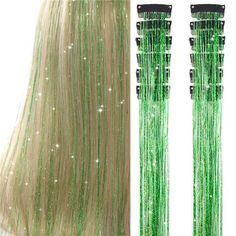 New Product [Easy To Install]:Upgraded Clip In Hair Tinsel Has A Metal Clip Design . Now You Just Need To Open And Close The Tension Clip To Remove And Installation. The Simple Operation Saves Time. You Can Easily Incorporate The Glitter Into Your Hair And Instantly Become "Highlight Glitter" Which Allows You To Change Your Hairstyle Quickly And Easily And Very Firmly Installed In The Position You Want [High Quality] Clip In Tinsel Hair Extensions Are Made Of 100% Durable Polyester Fiber . No Ba Green Hair Tinsel, Glitter Extensions, Platinum Hair Extensions, Green Hair Extensions, Loc Extensions Human Hair, Tinsel Hair Extensions, Tinsel Hair, Musical Costumes, Green Tinsel