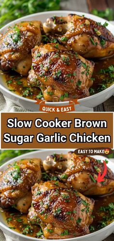 slow cooker brown sugar garlic chicken is shown in two separate images with the title below