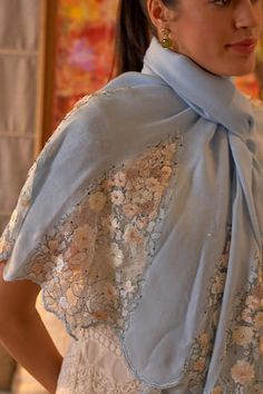 Powder blue stole with floral lace embroidery. - Aza Fashions Stoles And Scarves, Stole Scarf, Lace Embroidery, Powder Blue, Aza Fashion, Wearing Dress, Floral Lace, Cherry Blossom, Blossom