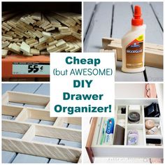 several different pictures with the words cheap but awesome diy drawer organizer