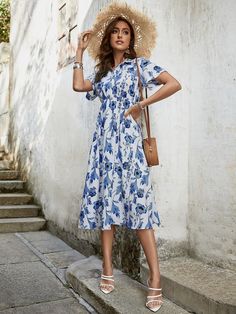 Elegant Women Summer Dress New Slim Vintage Lapel High Waist Midi Dress Casual Blue and White Printed Short Sleeve Dress Women Summer Dress, Midi Dress Casual, Color Pick, Short Sleeve Dress, Summer Dresses For Women, Elegant Woman, Printed Shorts, Summer Dress, Sleeve Dress