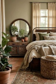 a bed room with a neatly made bed and plants