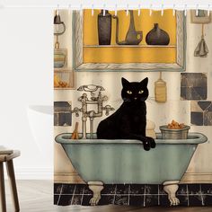 a black cat is sitting in the bathtub