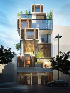 an architectural rendering of a building with multiple levels and balconies on the second floor