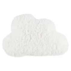 a white cloud shaped pillow sitting on top of a white tablecloth covered in fur