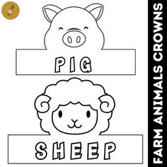 a pig and sheep are shown with the words farm animals in black and white letters