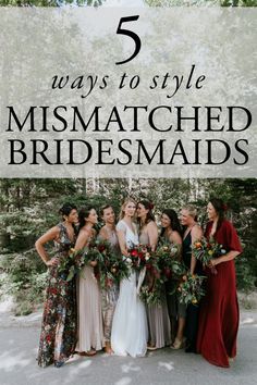 the bridesmaids are all dressed in different styles and colors for their fall wedding