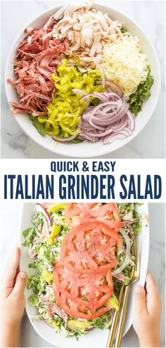 two plates with different types of salads and the words quick & easy italian grinder salad