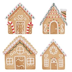 four gingerbread houses with candy canes on them