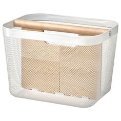 a white plastic basket with wooden handles