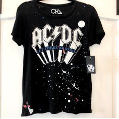 Nwt. Never Worn. No Damage. Chaser Let There Be Rock Acdc Shirt With Glitter Details. Gauzy Cotton With Burnout Holes On Top Sides And Bottom. Really Cute Rock Band Shirt! Stretchy Comfy Cotton. B-4 Acdc Shirt, Rock Band Shirts, Band Shirt, Rock Shirts, Band Shirts, Ac Dc, Rock Band, Colorful Shirts, Glitter