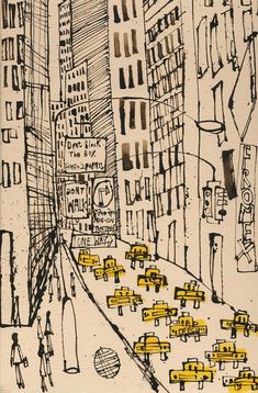 a drawing of a city street filled with yellow cabs