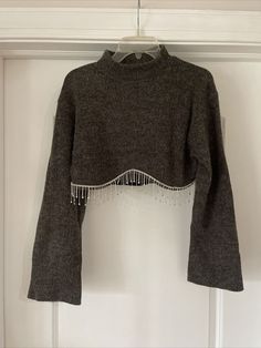 ZARA GREY SOFT JEWEL SWEATSHIRT RHINESTONES FRINGE JERSEY CROP KNIT JUMPER TOP. ***** PLZ CHECK ALL IMAGE ABOUT THE ACTUAL MEASUREMENT BEFORE YOU PURCHASING**** Zara Top With Rhinestones, Zara Rhinestone Top, Zara Cropped Knit Sweater With Long Sleeves, Fringe Knit Sweater, Rinestone Sweater, Knit Jumper, Cropped Hoodie, Jumper, Zara