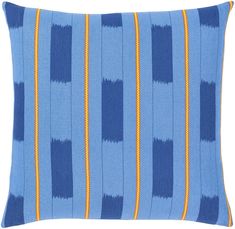 a blue and yellow striped pillow on a white background